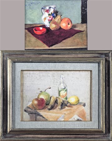 NATURE MORTE due dipinti ad olio su cartone e acquerello su carta, firmati e...