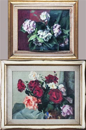 ROSE E ORTENSIE coppia di dipinti ad olio su cartone telato, firmati e datati...