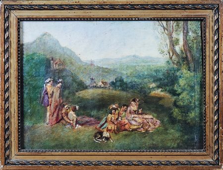 PAESAGGIO DI CAMPAGNA CON PERSONAGGI IN ABITI SETTECENTESCHI olio su tela, in...