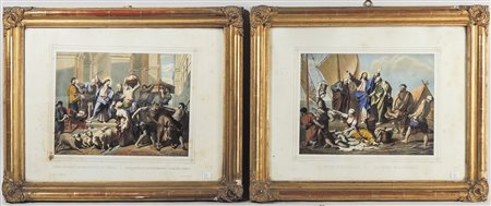 COPPIA DI LITOGRAFIE COLORATE inizio del XX secolo raffiguranti scene...