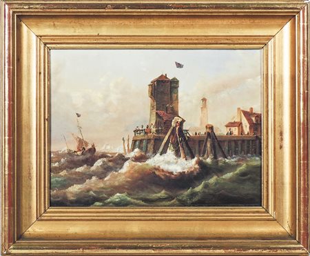 SCORCIO DI PORTO olio su tela applicata a cartone, in cornice cm 38x50