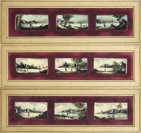 SERIE DI NOVE PICCOLI DIPINTI raffiguranti paesaggi, olio su cartone, in tre...