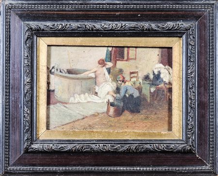 SCORCIO D'INTERNO CON PERSONAGGI FEMMINILI olio su tavoletta, in cornice cm...