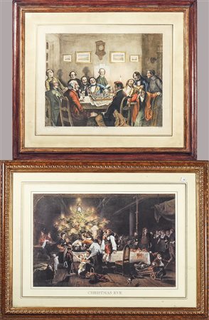 IL GIOCO DEGLI SCACCHI E SCENA NATALIZIA due litografie colorate, in cornice...