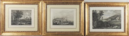 TRE LITOGRAFIE INGLESI D'EPOCA raffiguranti Paesaggi marini con pescatori e...