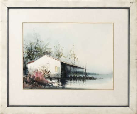 PAESAGGIO LACUSTRE CON VEDUTA DI CASA acquerello su carta, firmato, in...