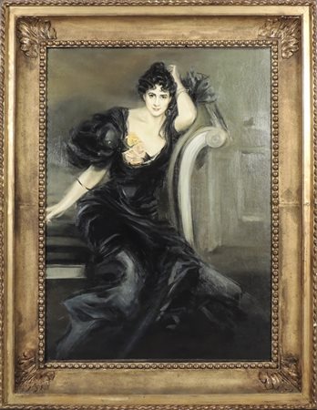 RITRATTO DI DAMA SEDUTA olio su cartone telato, in cornice cm 80x60