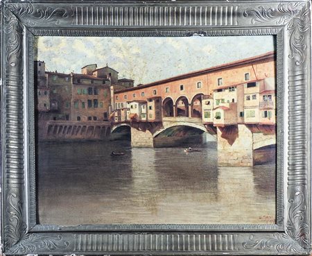SCORCIO DI PONTE VECCHIO olio su tela, firmato e datato U. Masi 1927, in...