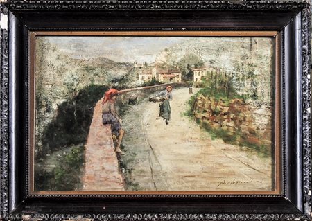GINO TOMMASI (1880-1942) Scorcio di paese con figure femminili olio su...