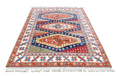 TAPPETO CURDO fondo multicolore, campo con tre medaglioni con motivi...