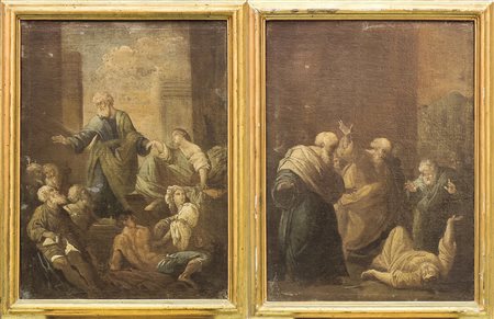 SCUOLA VENETO-EMILIANA DEL XVII SECOLO Scene bibliche coppia di dipinti ad...