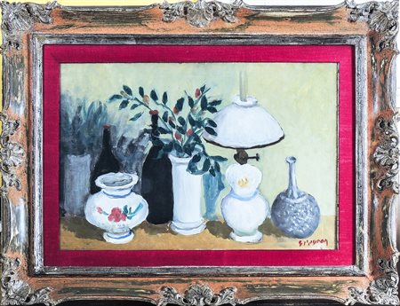 GUIDO PEYRON (1898-1960) Natura morta con vasi e lume olio su tela, firmato,...