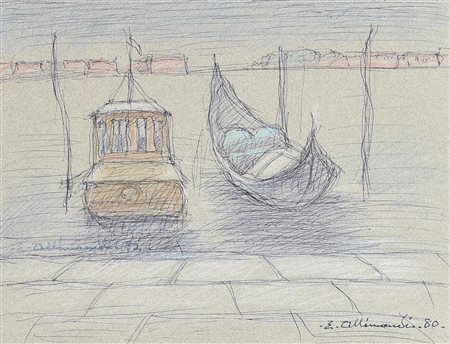 Enrico Allimandi BARCHE A VENEZIA tecnica mista su carta, cm 25x33 firma e...