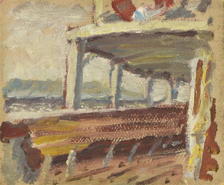 Enrico Allimandi LO STABILIMENTO BALNEARE olio su cartone, 16x18 cm eseguito...