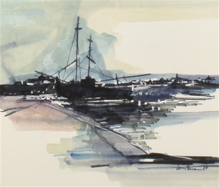 Loris Ferrari VEDUTA SU PORTO acquerello e china su carta, cm 19x22 firma e...