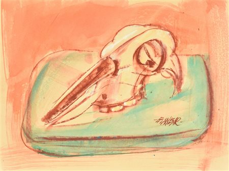 GIANBAR (Gianni Baretta) NATURA MORTA CON CRANIO tecnica mista su cartoncino,...