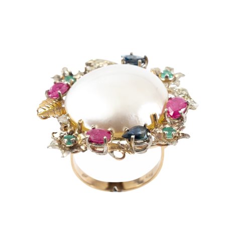 ANELLO in oro 9 KT e argento con perla e pietre preziose
