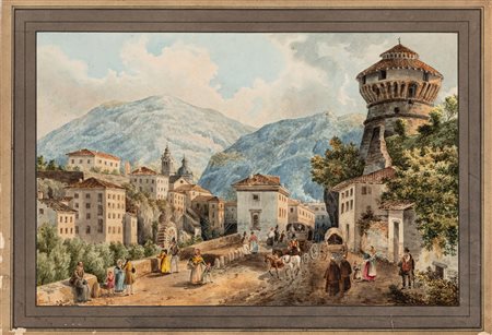 Ambito di Giovanni Migliara, secolo XIX - Paesaggio lombardo con figure