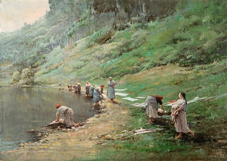 Paolo Sala (Milano 1859-1924)  - Lavandaie al Lago di Mergozzo