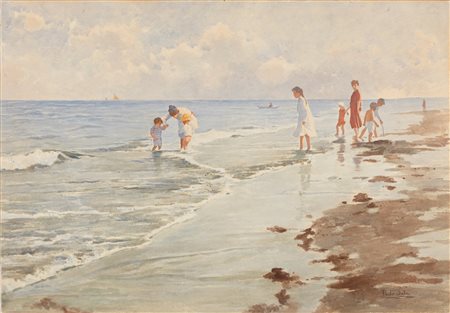 Paolo Sala (Milano 1859-1924)  - In riva al mare