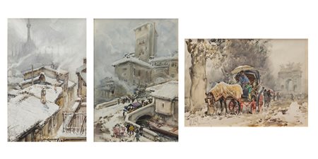 Aldo Raimondi (Roma 1902-Milano 1998)  - Vedute di Milano: verso il Duomo; Naviglio; Arco della Pace