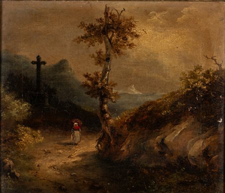 Attribuito a Massimo d'Azeglio (Torino 1798-1866) - Paesaggio con contadina