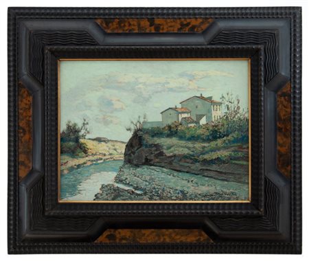 Gino Romiti Livorno 1881 – 1967 Paesaggio toscano con fiume 