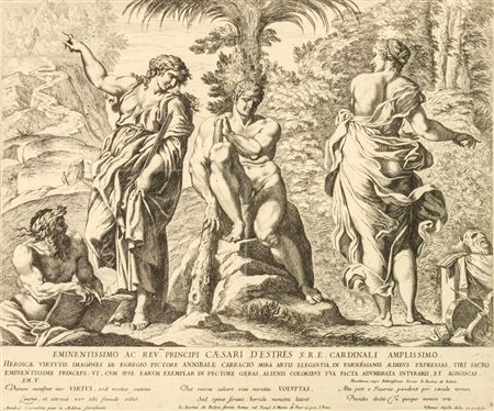 Pietro Aquila (1640-1692). Ercole al bivio. 1677 ca. Acquaforte con ritocchi...