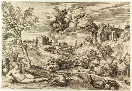 Cornelis Cort (1533-1578). Angelica salvata da Ruggero. 1565. Bulino. Foglio...