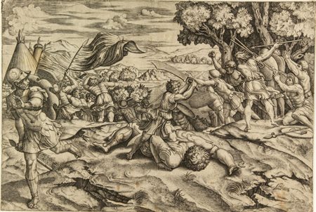 Marcantonio Raimondi (1480-1534). Davide e Golia. 1518-20. Bulino. Foglio: mm...