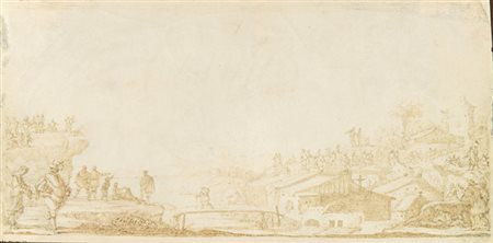 Juan (de) Valdés (1622-1690). Paesaggio sul fiume con ponte e figure. Seconda...