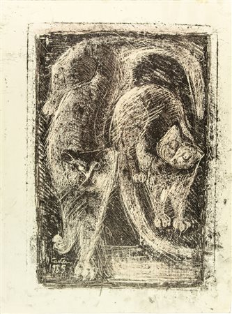 Alvaro Cartei (1911-1995). Due gatti. 1985. Monotipo mm. 430x320. Foglio: mm....