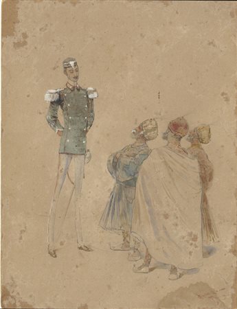 Carlo Chiostri (1863-1939). Ufficiale e arabi. Acquerello policromo, matita...