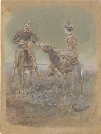 Carlo Chiostri (1863-1939). Ufficiale e dama a cavallo di ciuchi. Acquerello...