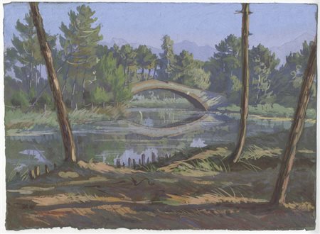 Pietro D'achiardi (1879-1940). Paesaggio fluviale con ponte. 1923. Gouache e...