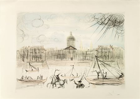 Salvador Dalì (1904-1989). Venice. Puntasecca acquerellata mm. 425x595....