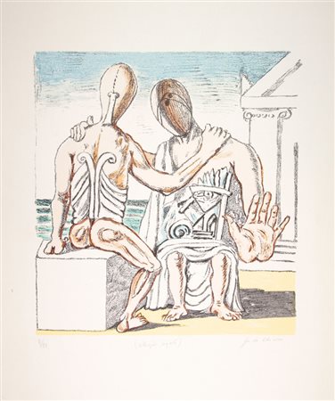 Giorgio De Chirico (1888-1978). Colloquio segreto. 1969. Litografia a colori....