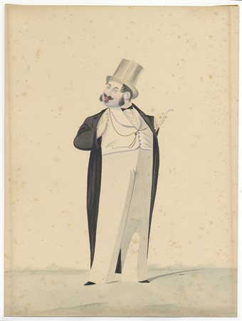 Melchiorre Delfico (1825-1895). Caricatura di uomo in frac. Acquerello...