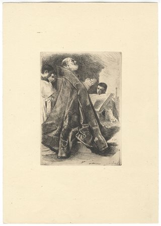 Alfonso Holländer (1845-1923). Prelato in preghiera. Acquaforte. mm 181x130....
