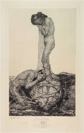 Bruno Héroux (1868-1944). Schmerz. 1909/14 ca. Acquaforte. mm 445x255....