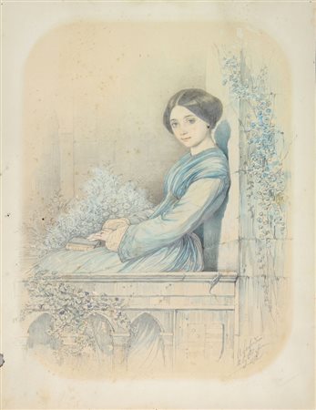 Alessandro Lanfredini (1826-1900). Fanciulla in azzurro. 1853. Acquerello e...