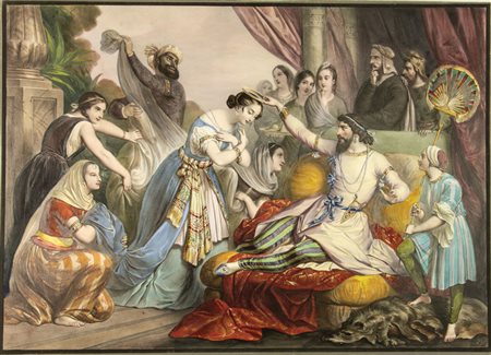 Litografo francese prima metà sec. XIX. Scene romantiche di gusto...