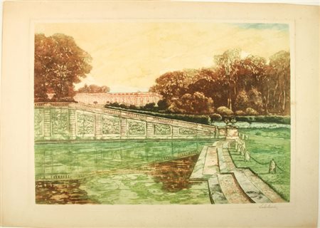 Alméry Lobel Riche (1880-1950). Vue du parc. Acquaforte e acquatinta a colori...