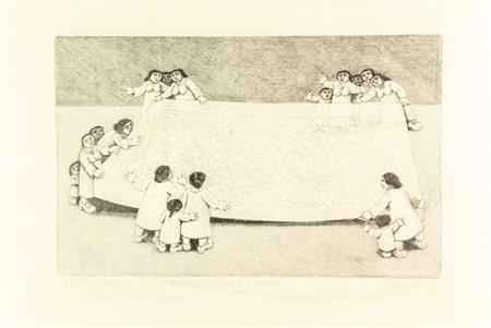 Alberico Morena (1926- ). La bella tovaglia. 1975. Xilografia su velina...