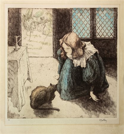 Alfredo Müller (1869-1940). La petite fille au chat. 1897. Acquaforte e...