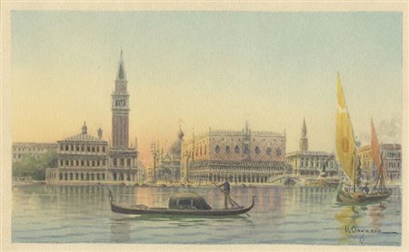 Umberto Ongania (?-?). Venezia. Veduta del Canal Grande. Acquerello policromo...