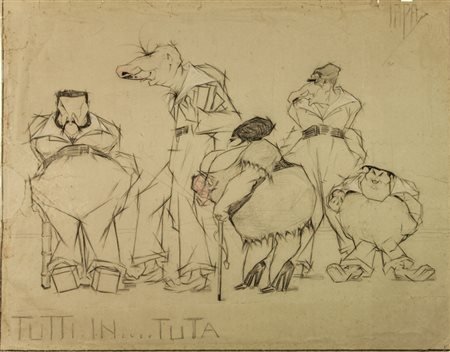 Italo Amerigo Passani (1882-? ). Tutti in...tuta. 1920. Carboncino e matita...