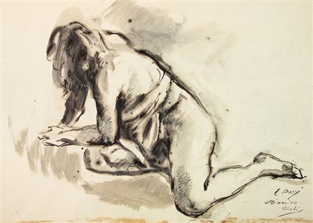 Ennio Pozzi (1893-1972). Nudo di donna semidistesa. Penna e inchiostro bruno...