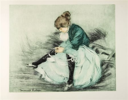 Manuel Robbe (1872-1936). Les jarretières. Puntasecca a colori. mm 415x330...