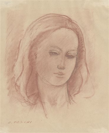 Orazio Toschi (1887-1972). Volto di donna. Matita rossa e matita di grafite...